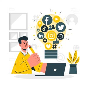 illustration utilisateur devant son ordinateur avec une ampoule remplie de réseaux sociaux - community management