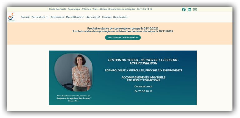 Elodie Kuczynski, sophrologue à Vitrolles, accompagnant particuliers et entreprises dans la gestion du stress, de la douleur et de l’hyperconnexion.