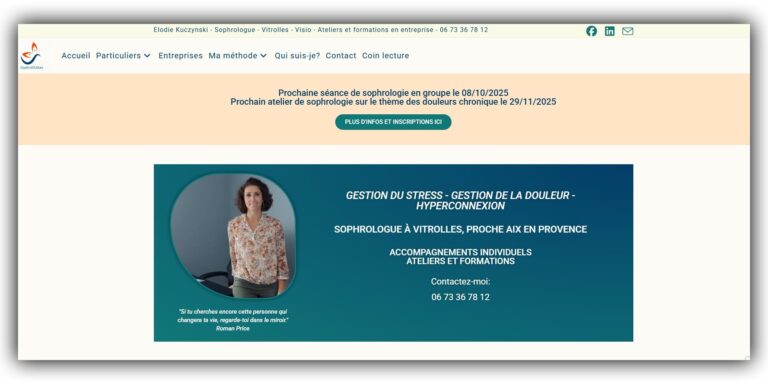 Elodie Kuczynski, sophrologue à Vitrolles, accompagnant particuliers et entreprises dans la gestion du stress, de la douleur et de l’hyperconnexion.